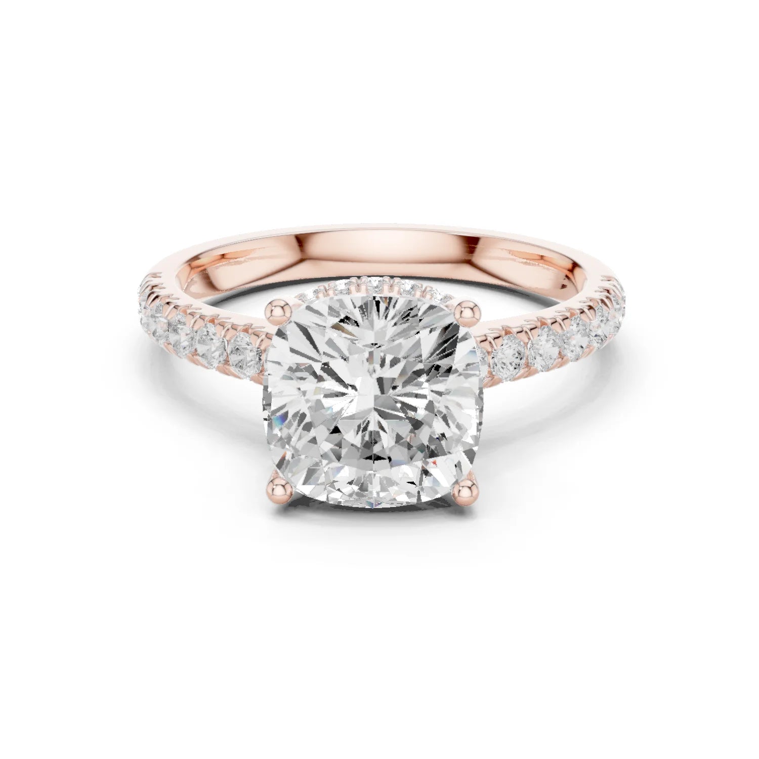 Cushion Cut Diamond Hidden Halo Engagement Ring with Pave Band
