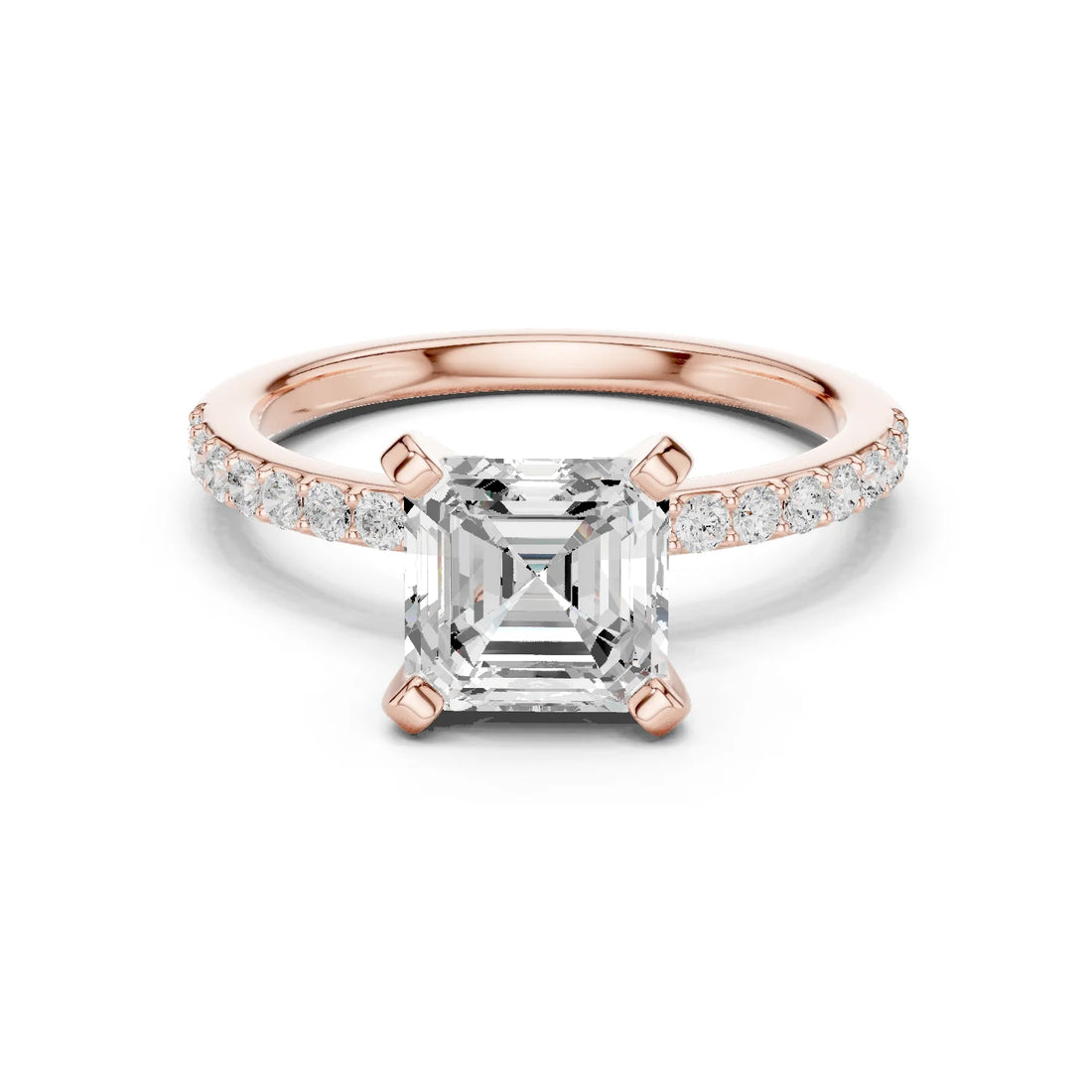 Asscher Cut Diamond Pave Band Solitaire Engagement Ring