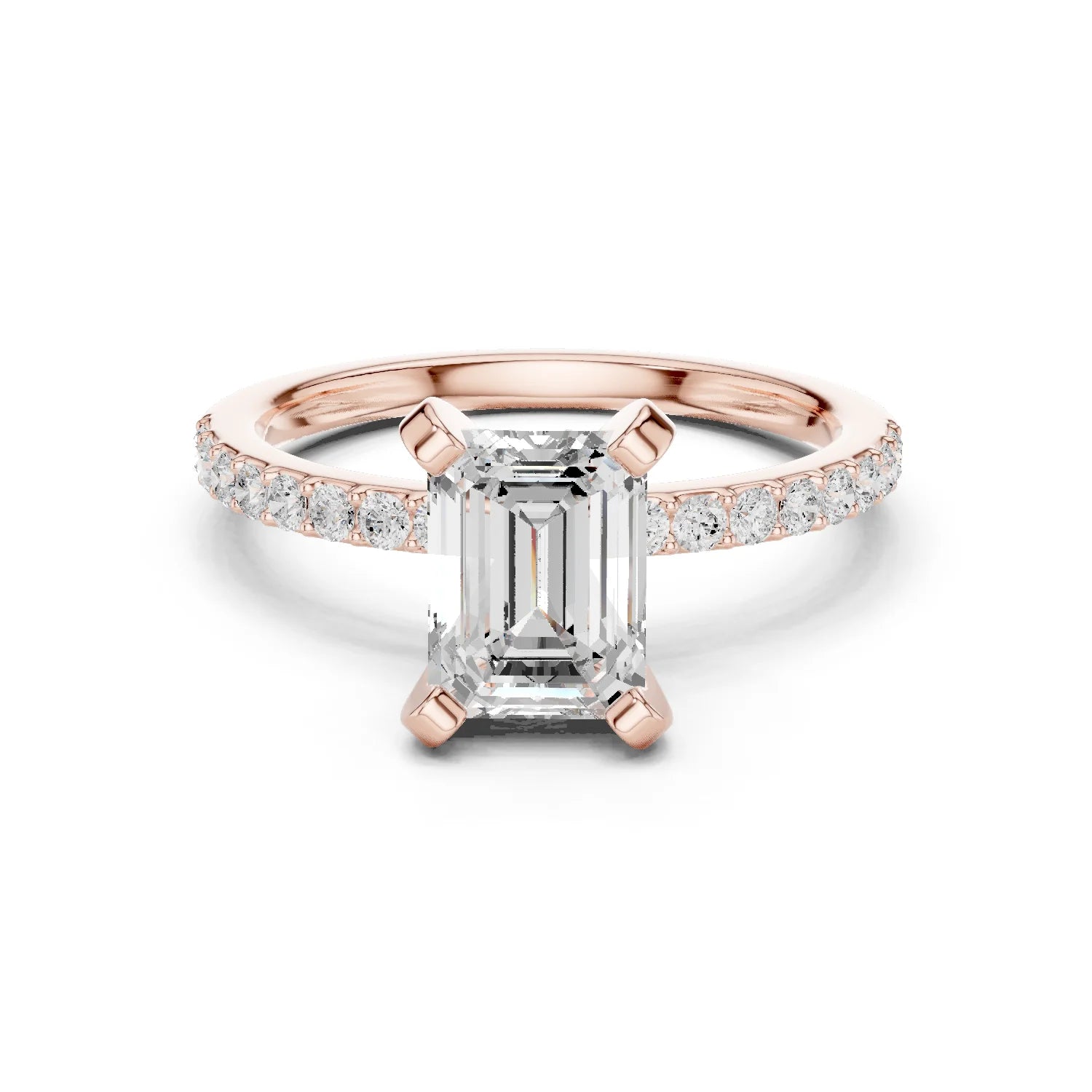 Emerald Cut Diamond Pave Band Solitaire Engagement Ring