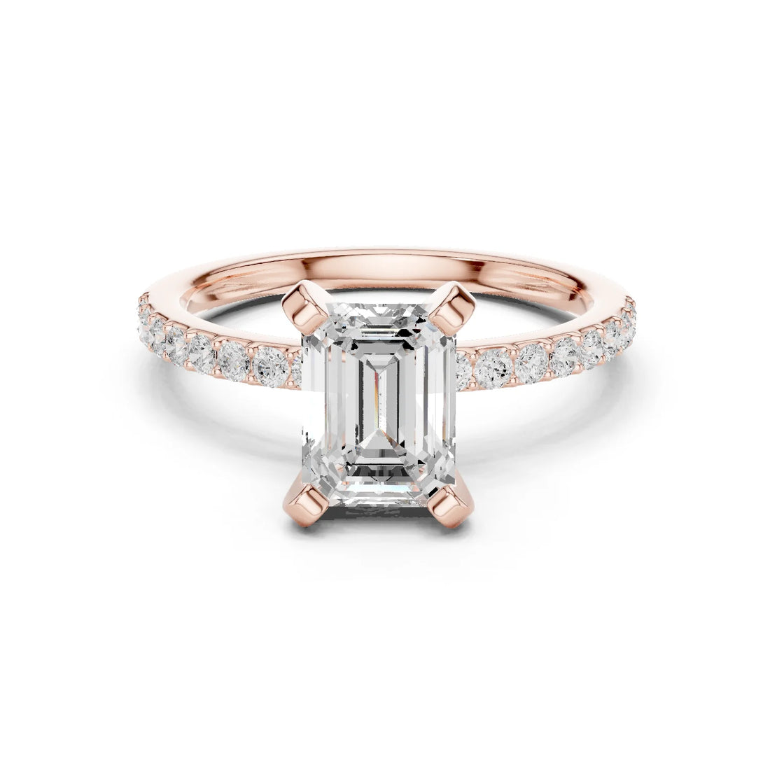 Emerald Cut Diamond Pave Band Solitaire Engagement Ring