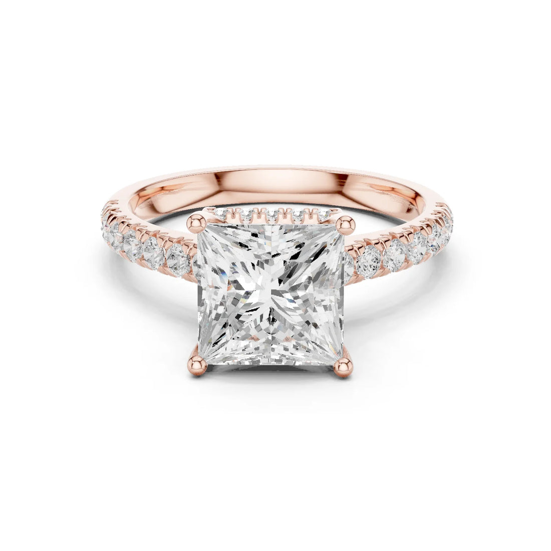 Princess Cut Diamond Hidden Halo Engagement Ring with Pave Band