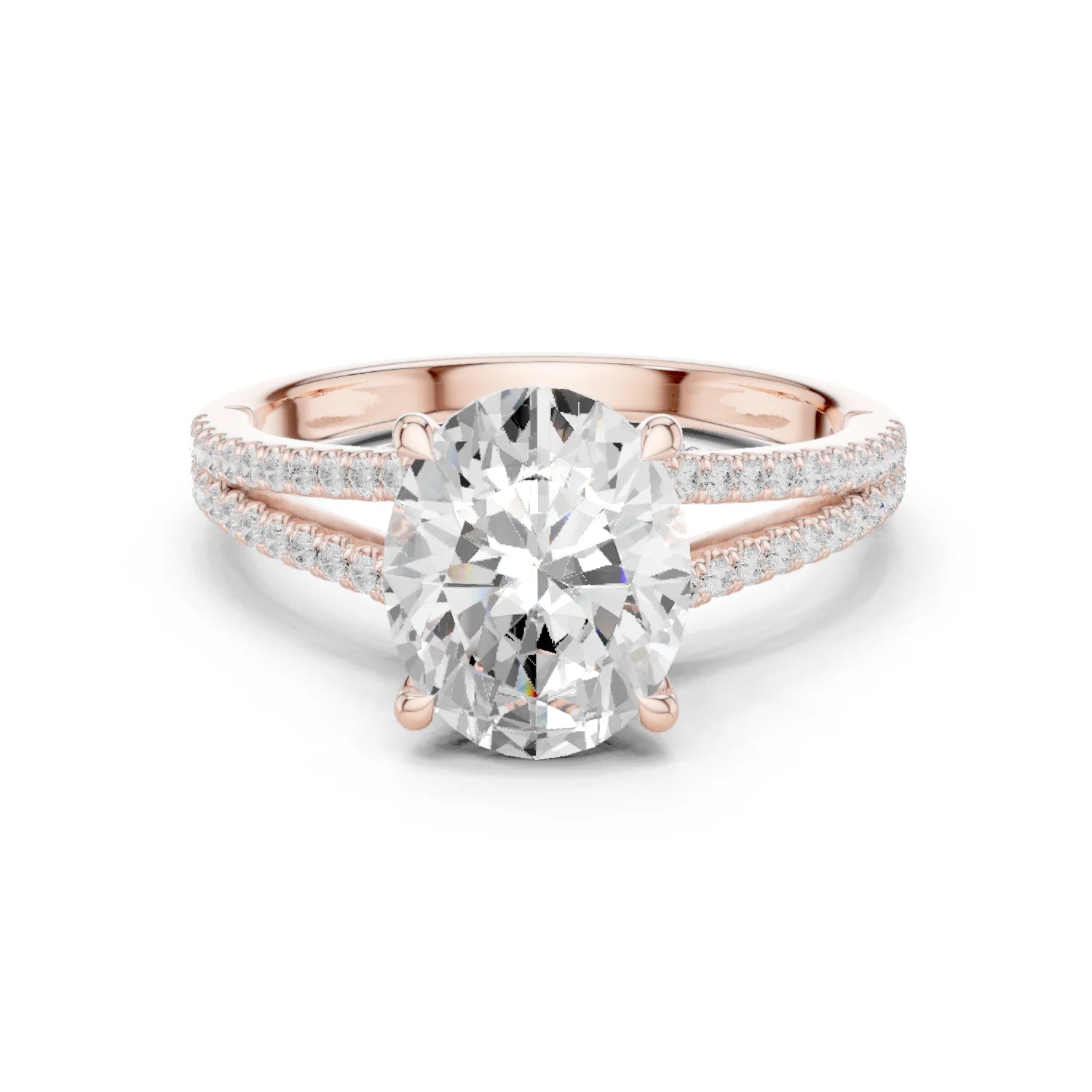 Oval Cut Diamond Split Shank Engagement Ring with Pave Accents