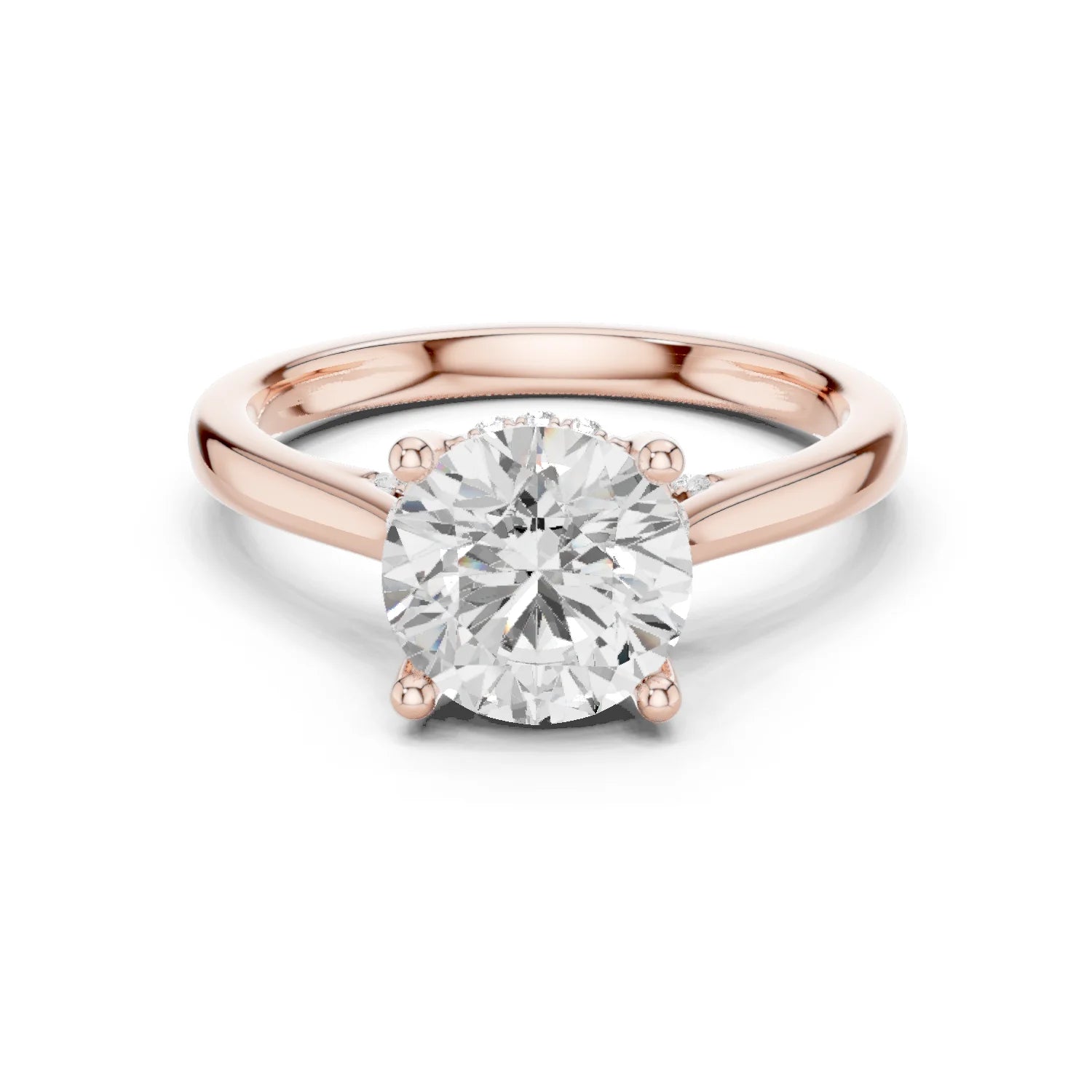 Round Cut Diamond Hidden Halo Engagement Ring With Cathedral Pave