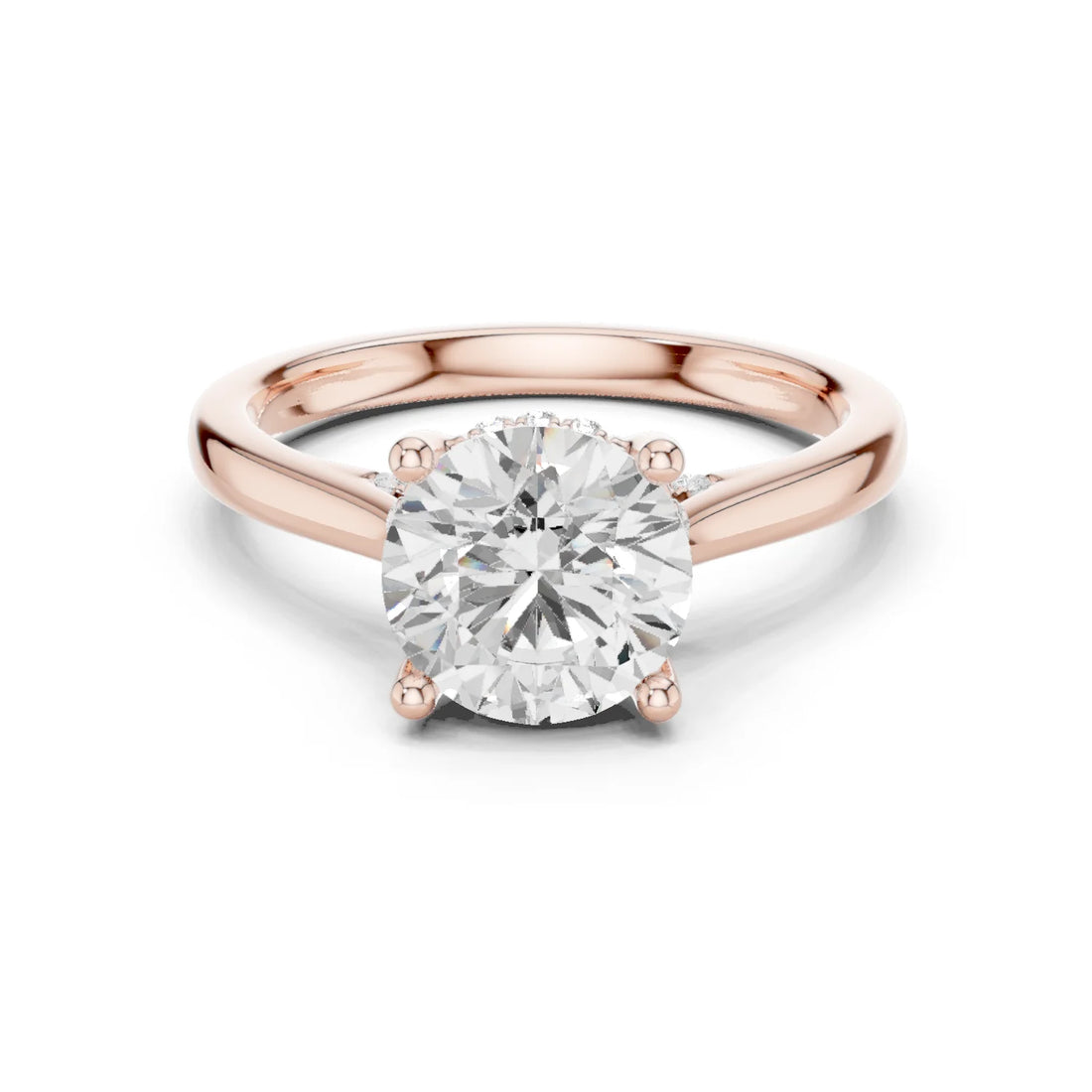 Round Cut Diamond Hidden Halo Engagement Ring With Cathedral Pave