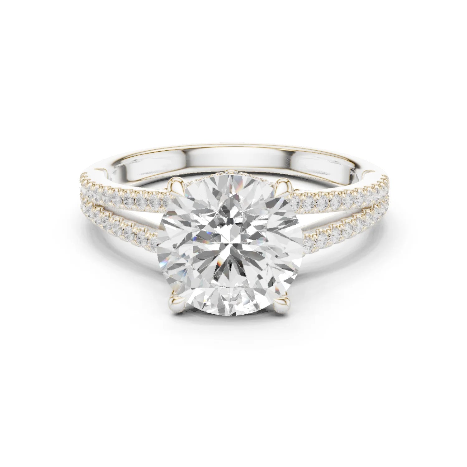 Round Cut Diamond Split Shank Engagement Ring with Pave Accents