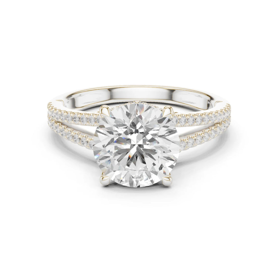 Round Cut Diamond Split Shank Engagement Ring with Pave Accents