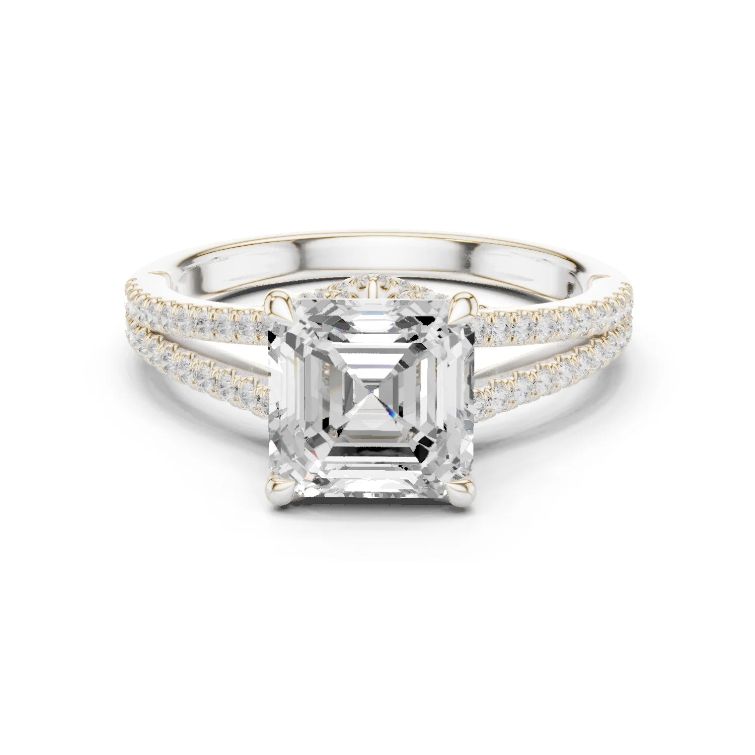 Asscher Cut Diamond Split Shank Engagement Ring with Pave Accents