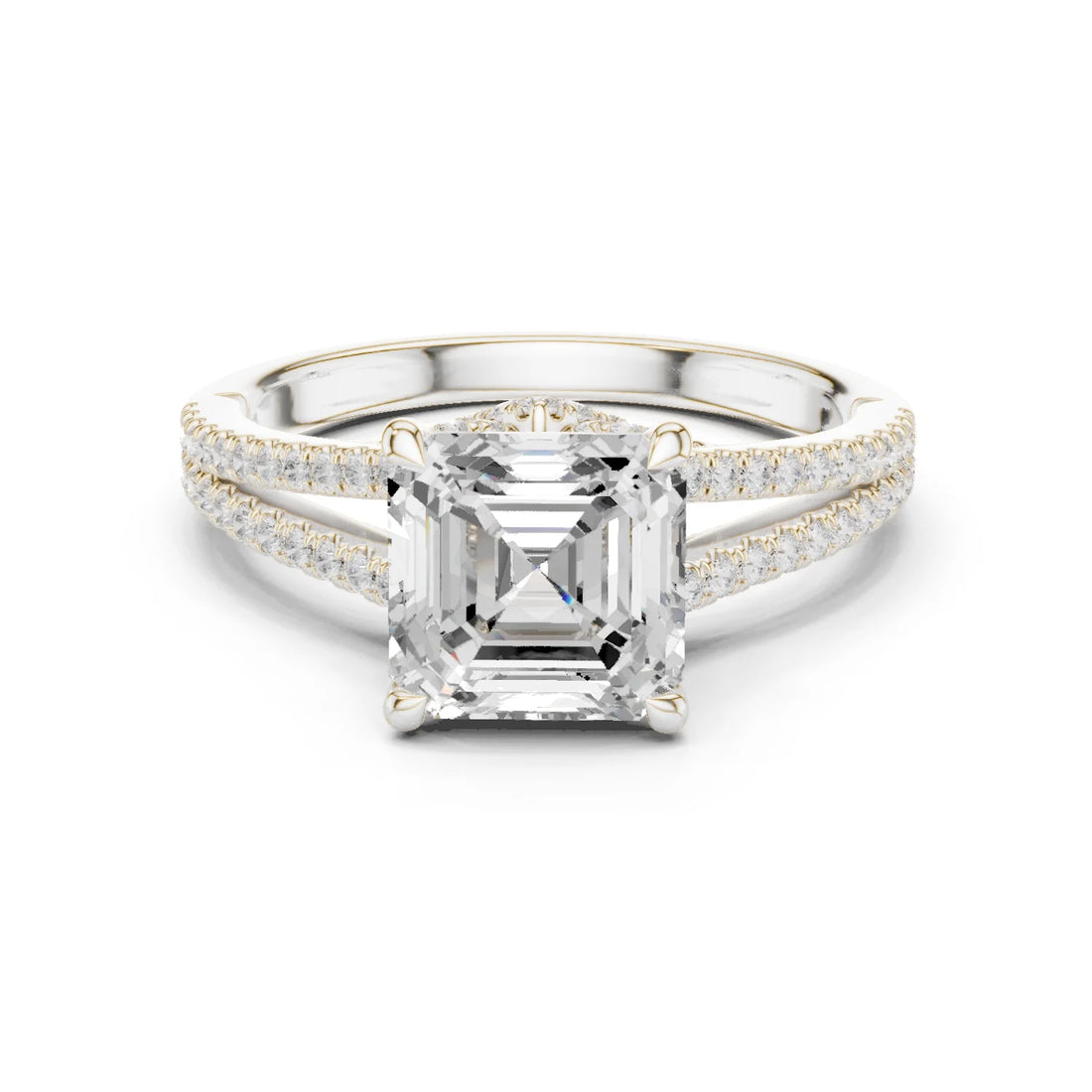 Asscher Cut Diamond Split Shank Engagement Ring with Pave Accents