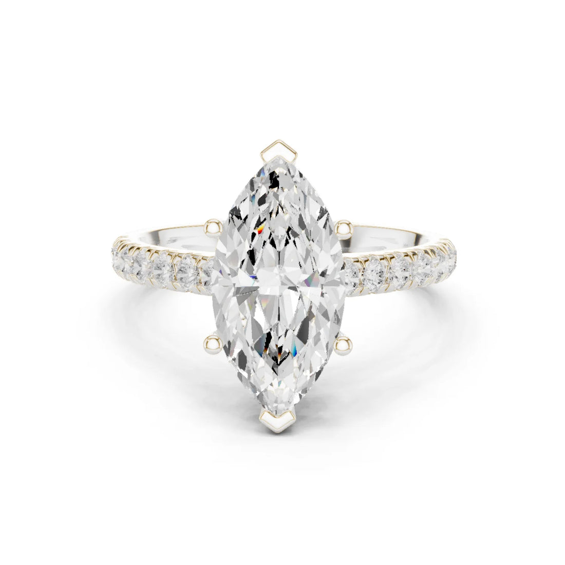 Marquise Cut Diamond Hidden Halo Engagement Ring with Pave Band