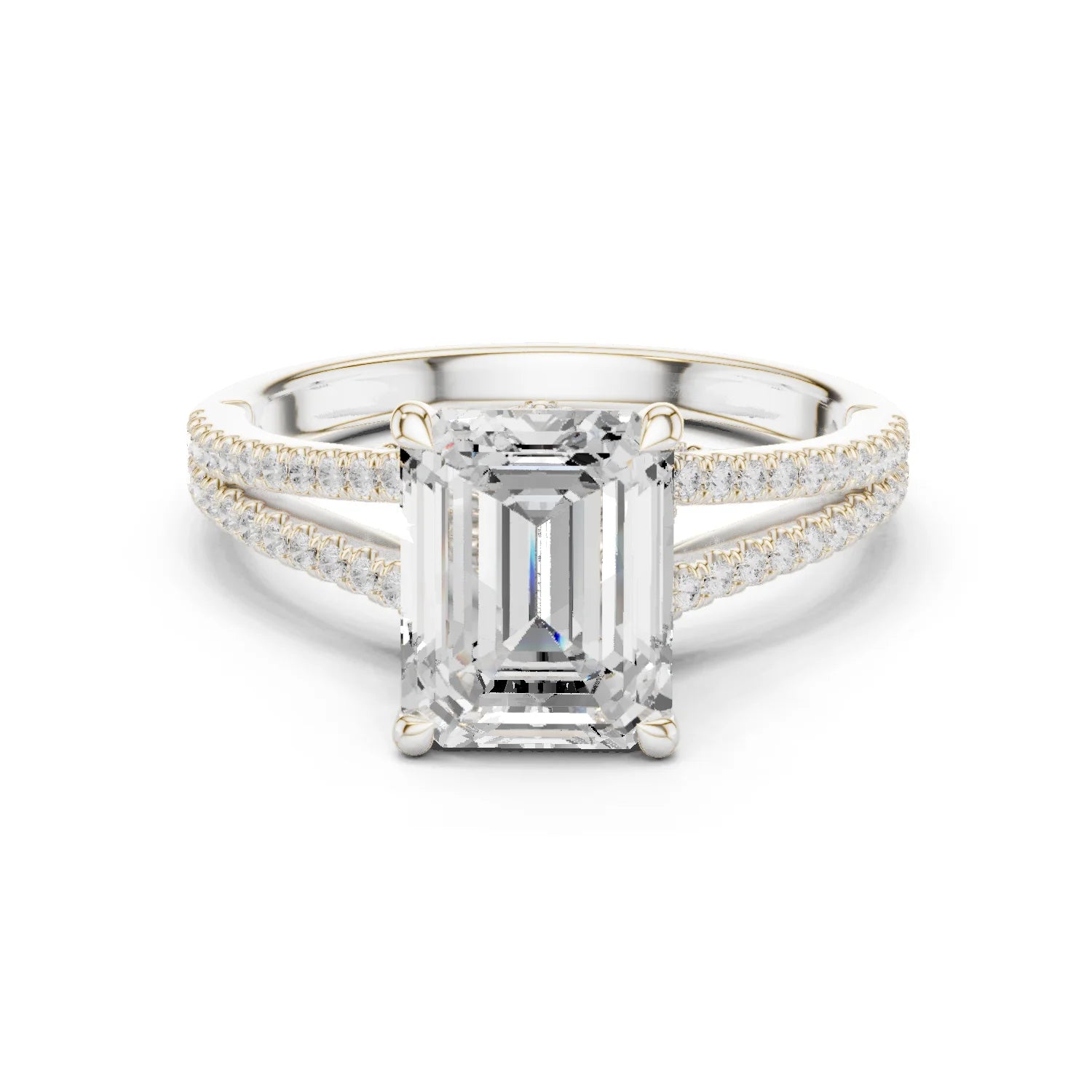 Emerald Cut Diamond Split Shank Engagement Ring with Pave Accents