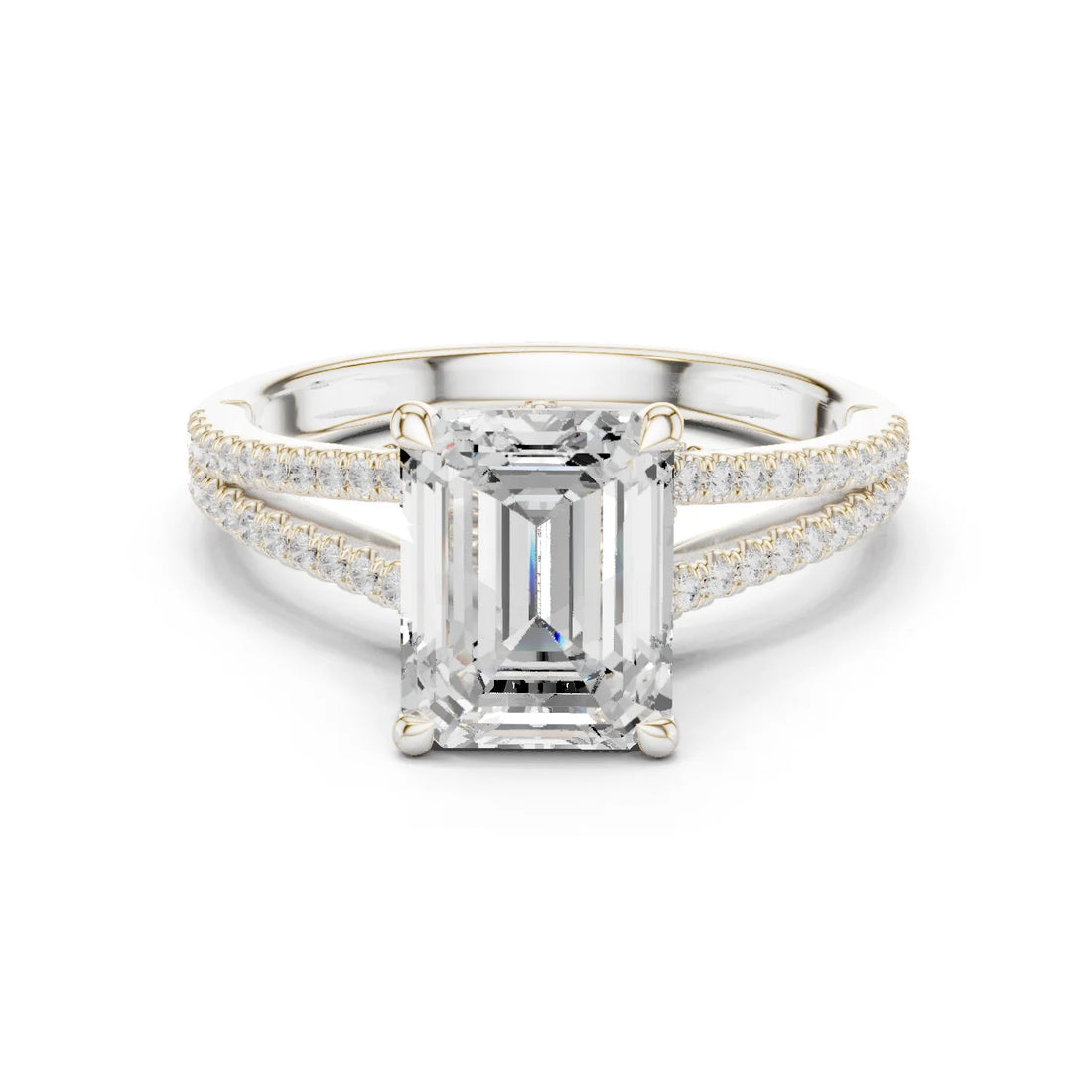 Emerald Cut Diamond Split Shank Engagement Ring with Pave Accents