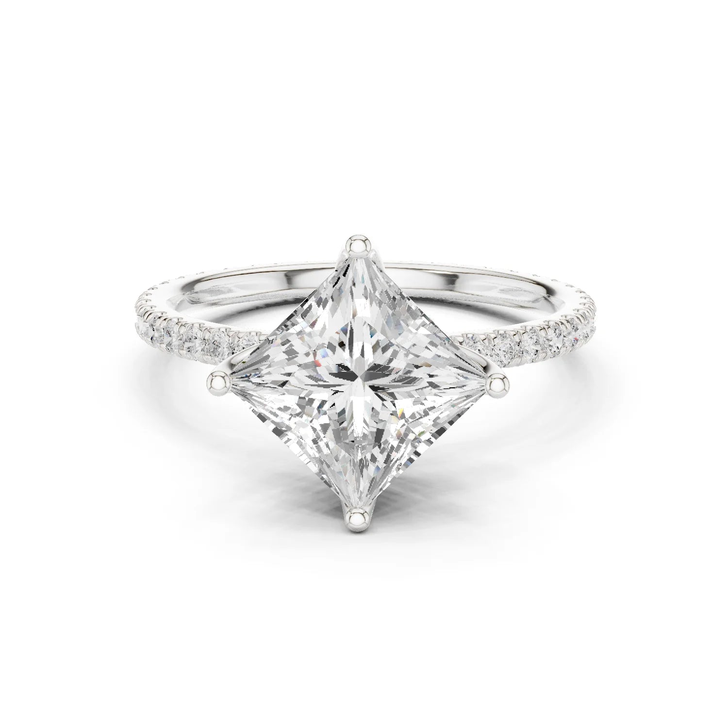 Princess Shape Diamond Pave Band Engagement Ring