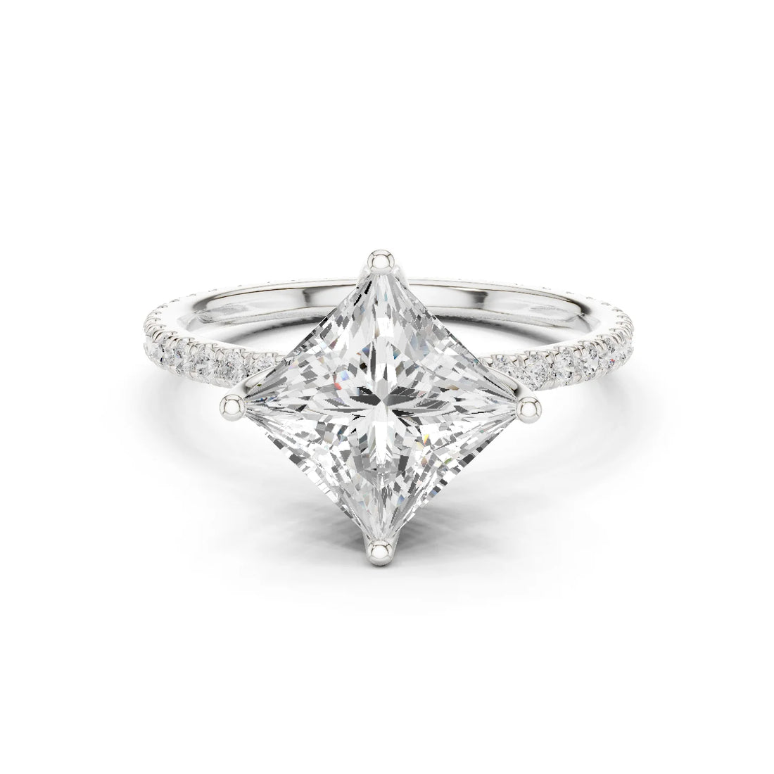 Princess Shape Diamond Pave Band Engagement Ring