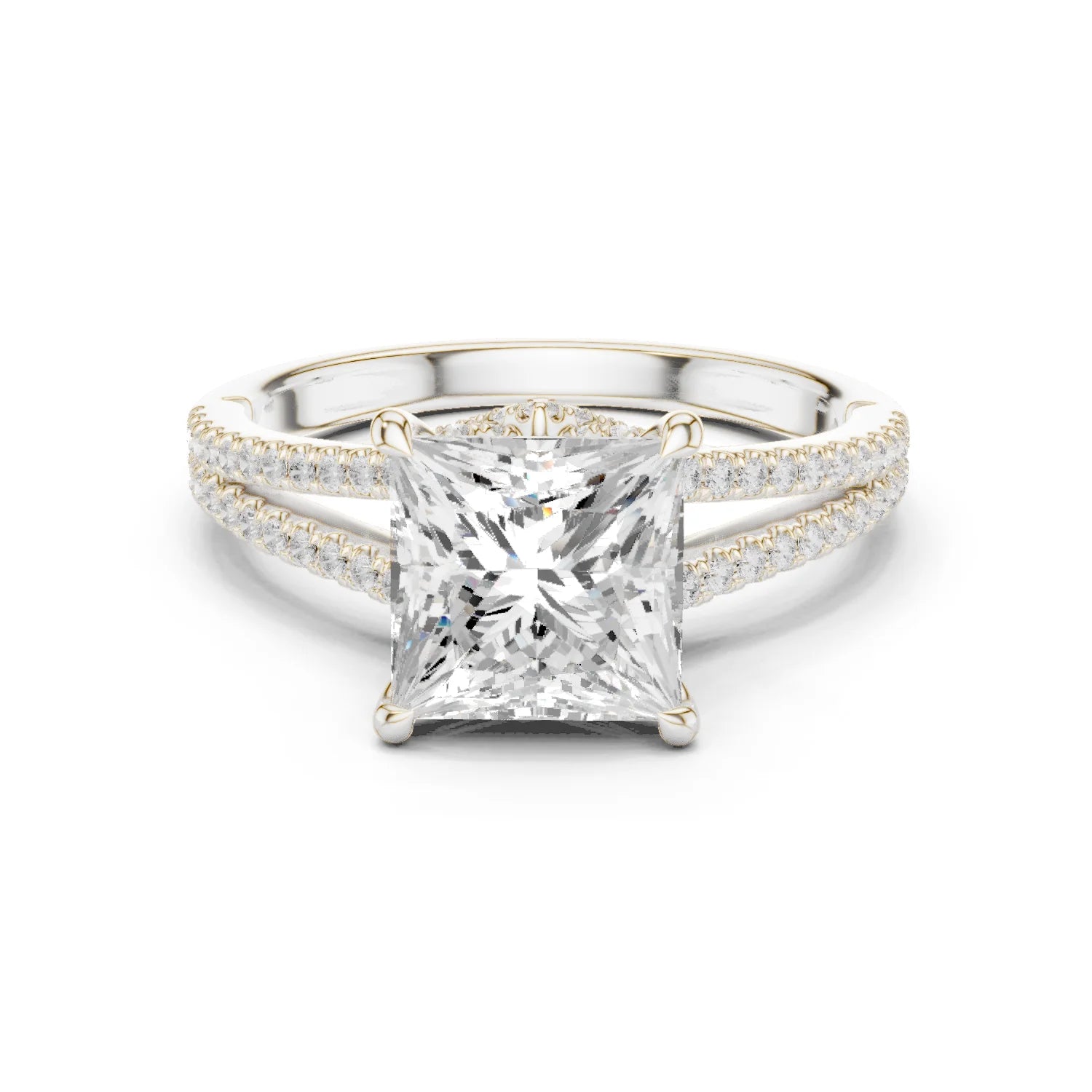 Princess Cut Diamond Split Shank Engagement Ring with Pave Accents