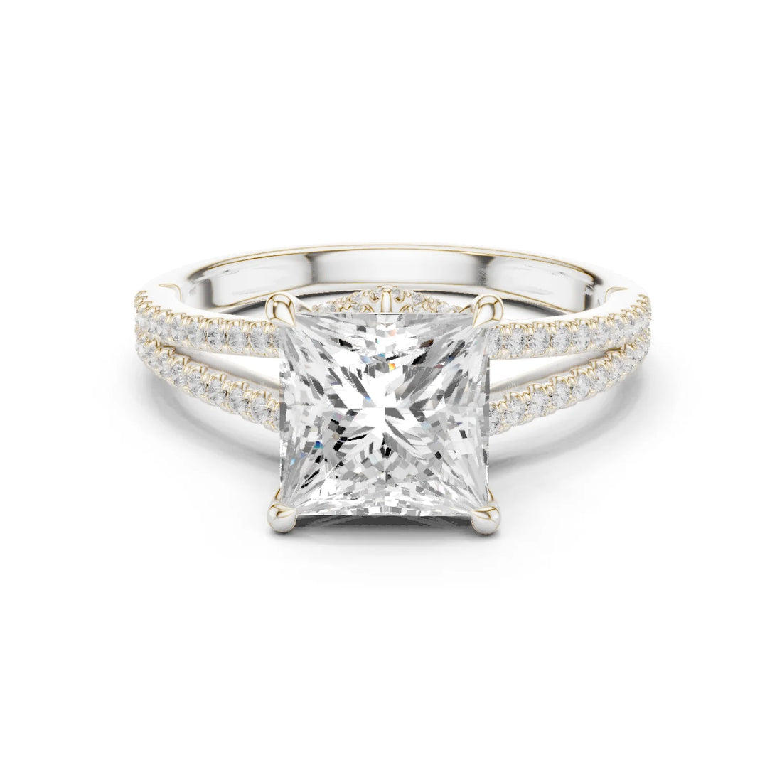 Princess Cut Diamond Split Shank Engagement Ring with Pave Accents