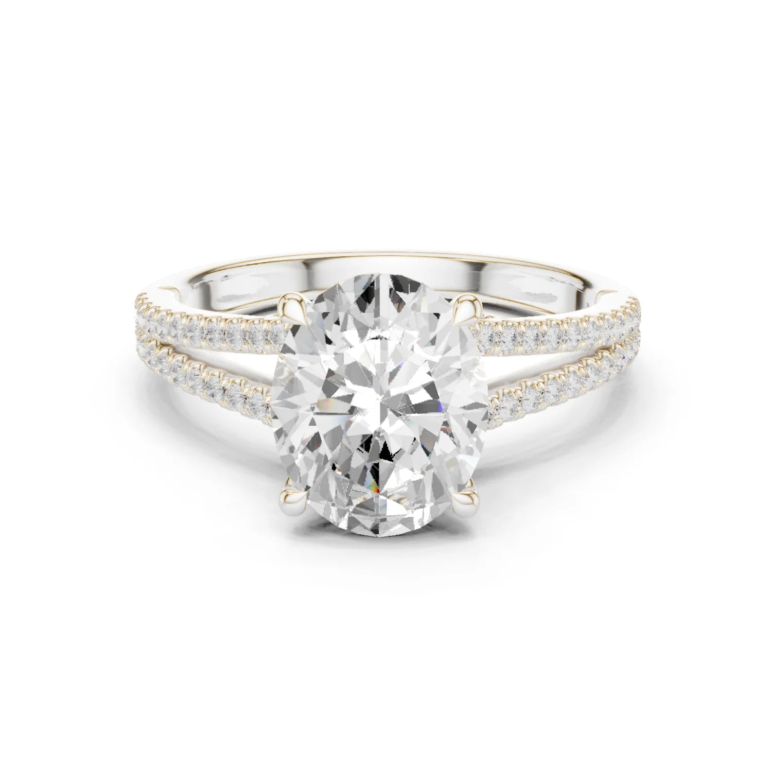 Oval Cut Diamond Split Shank Engagement Ring with Pave Accents