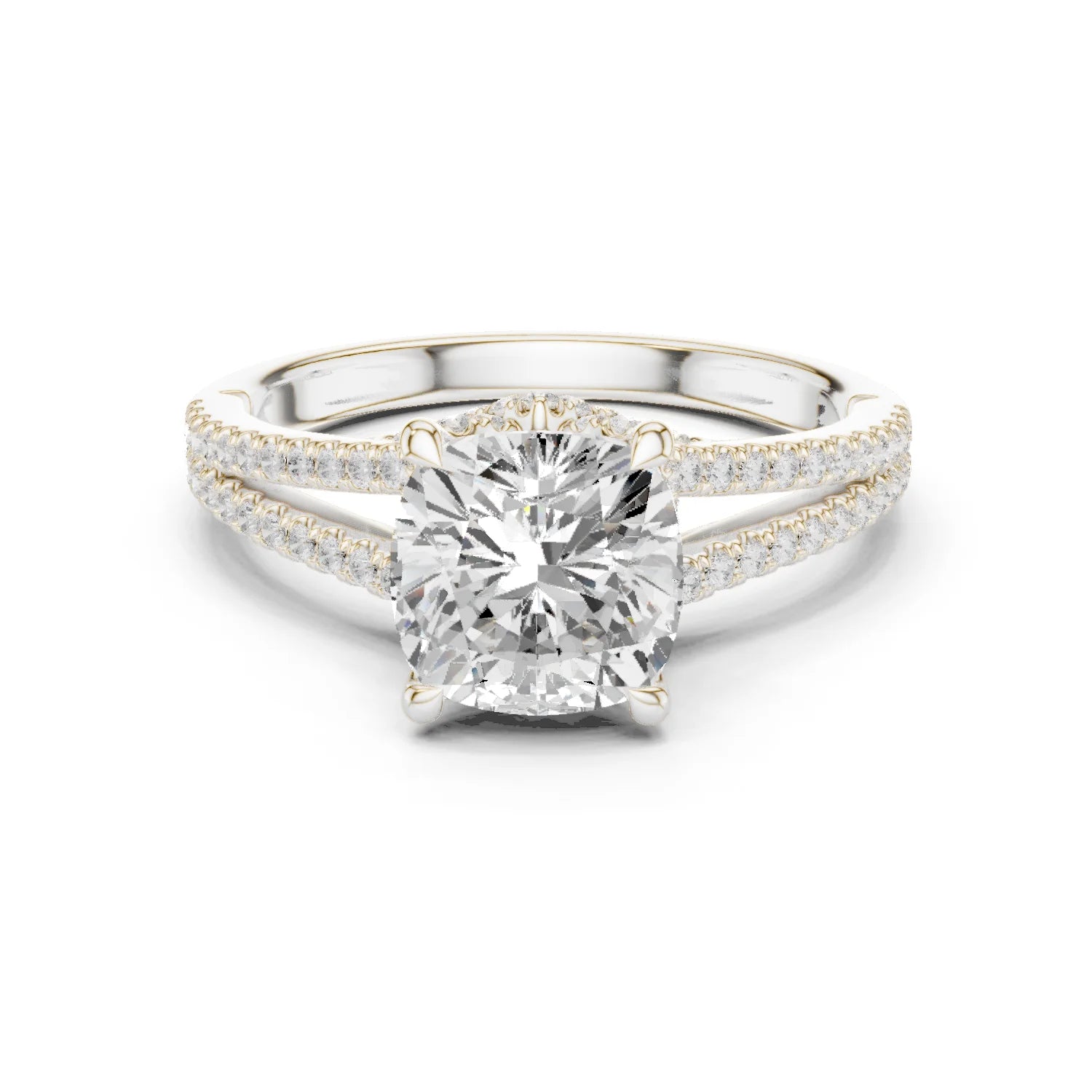 Cushion Cut Diamond Split Shank Engagement Ring with Pave Accents