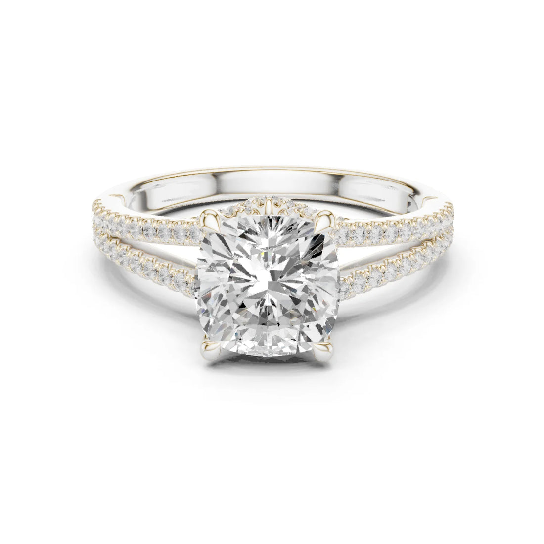 Cushion Cut Diamond Split Shank Engagement Ring with Pave Accents