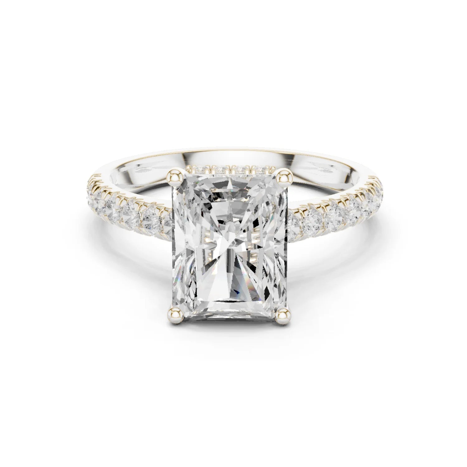 Radiant Cut Diamond Hidden Halo Engagement Ring with Pave Band