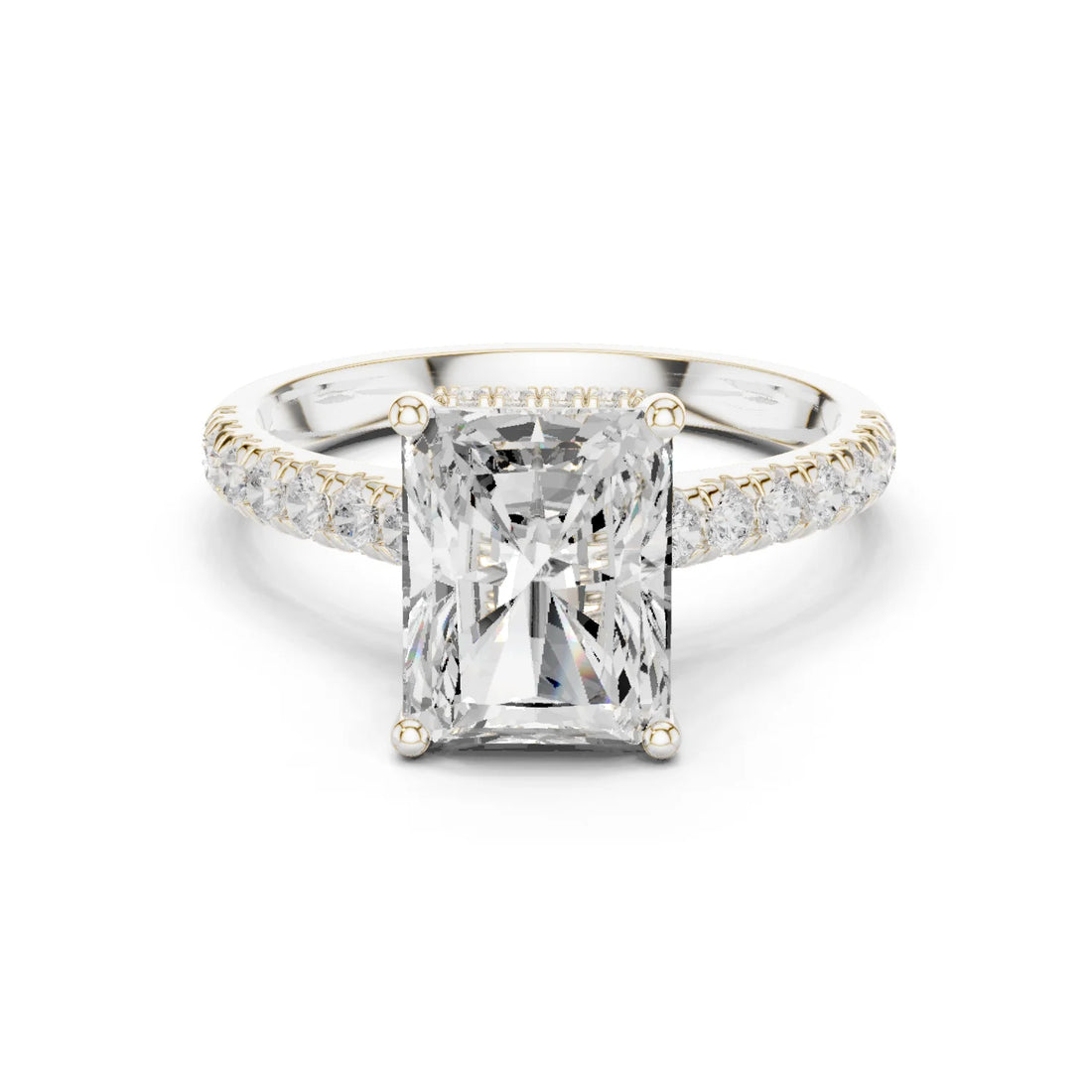 Radiant Cut Diamond Hidden Halo Engagement Ring with Pave Band