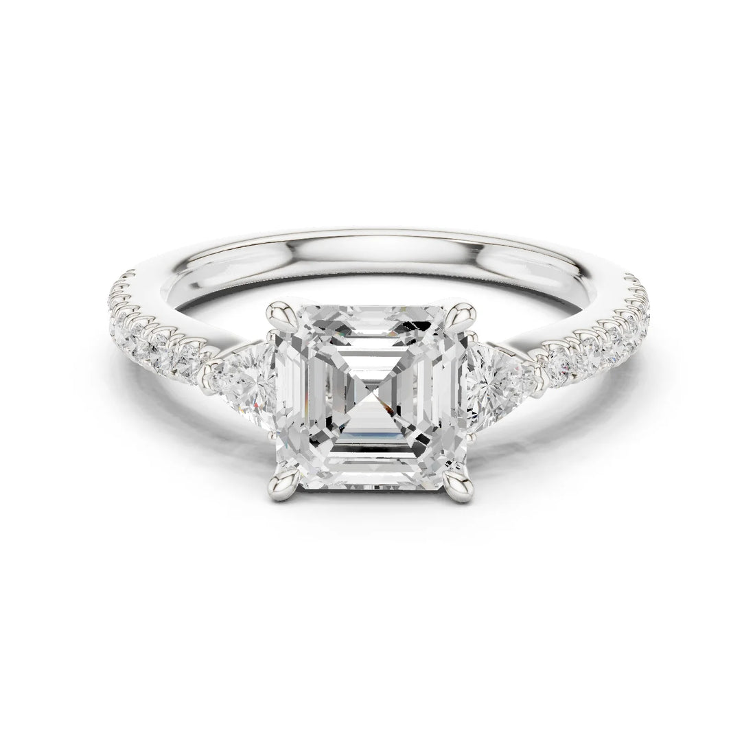 Asscher Cut Diamond Three-Stone Engagement Ring with Pave Band