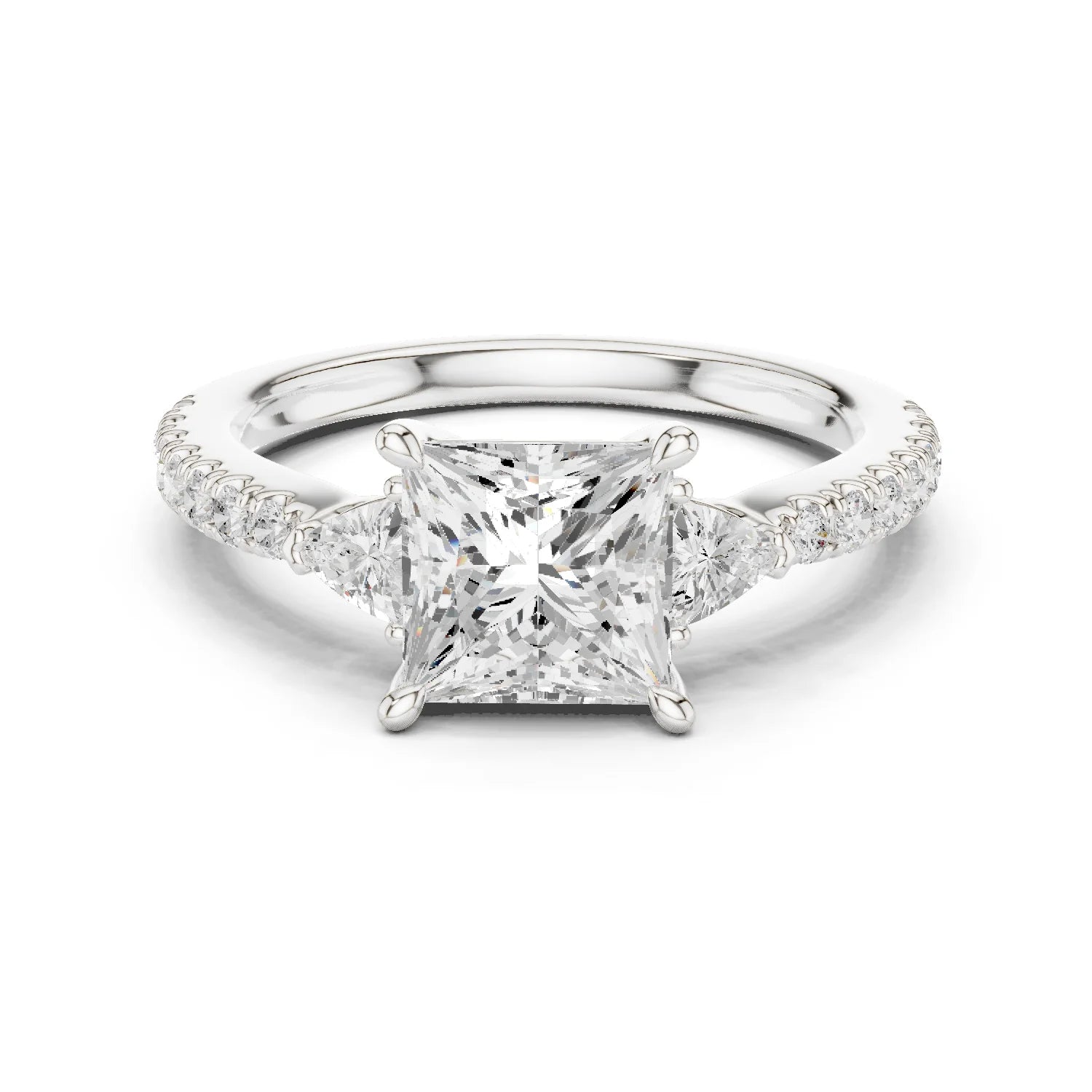 Princess Cut Diamond Three-Stone Engagement Ring with Pave Band