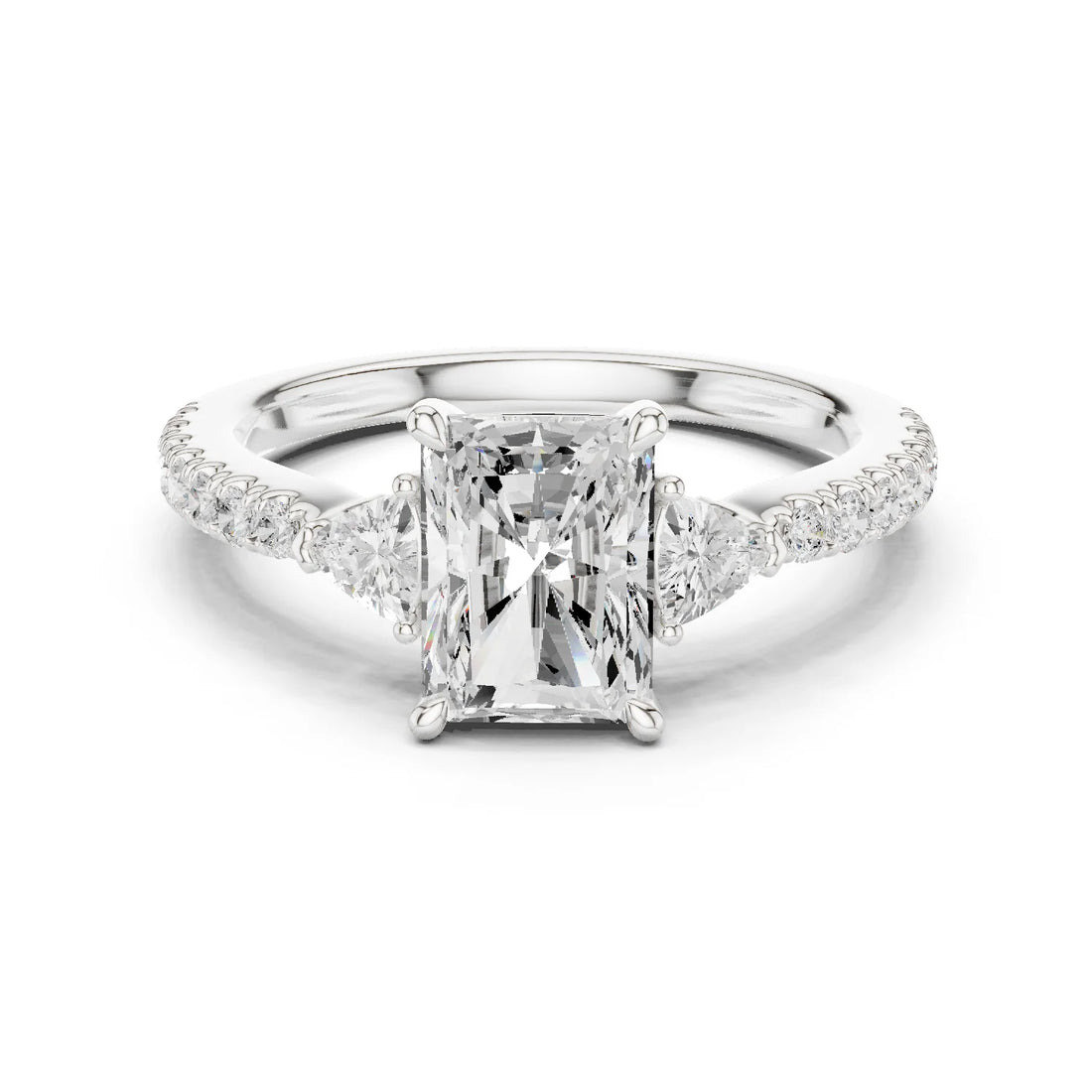 Radiant Cut Diamond Three-Stone Engagement Ring with Pave Band