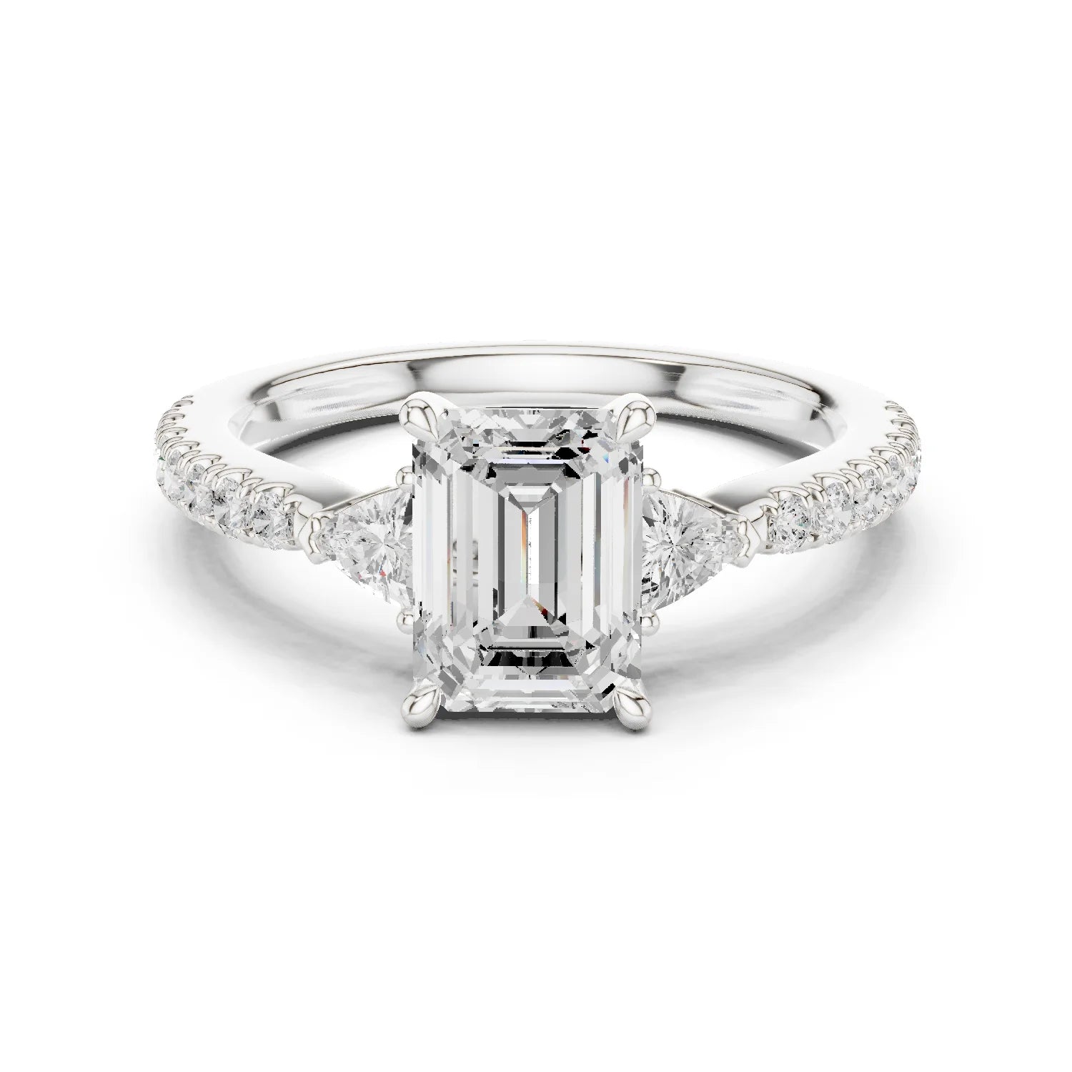 Emerald Cut Diamond Three-Stone Engagement Ring with Pave Band