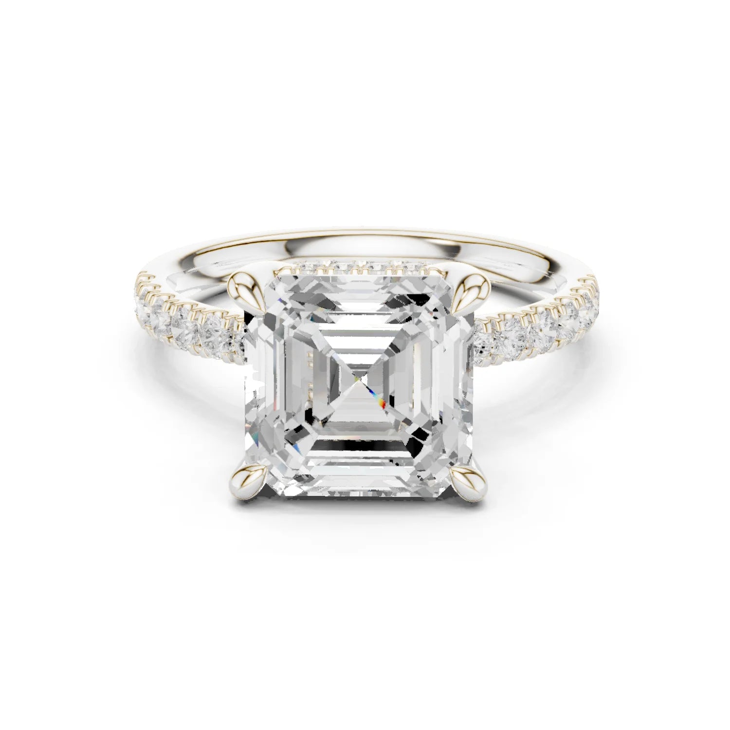 Asscher Diamond Hidden Halo Engagement Ring with Pave Band