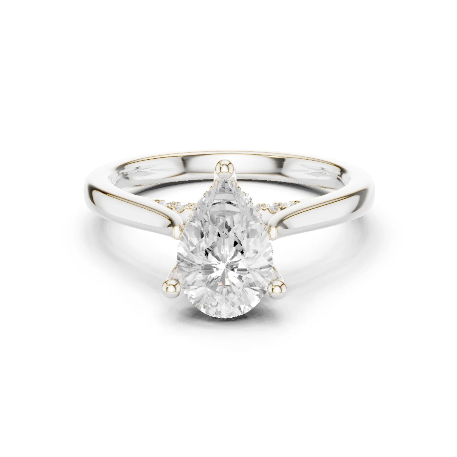 Pear Cut Diamond Hidden Halo Engagement Ring With Cathedral Pave