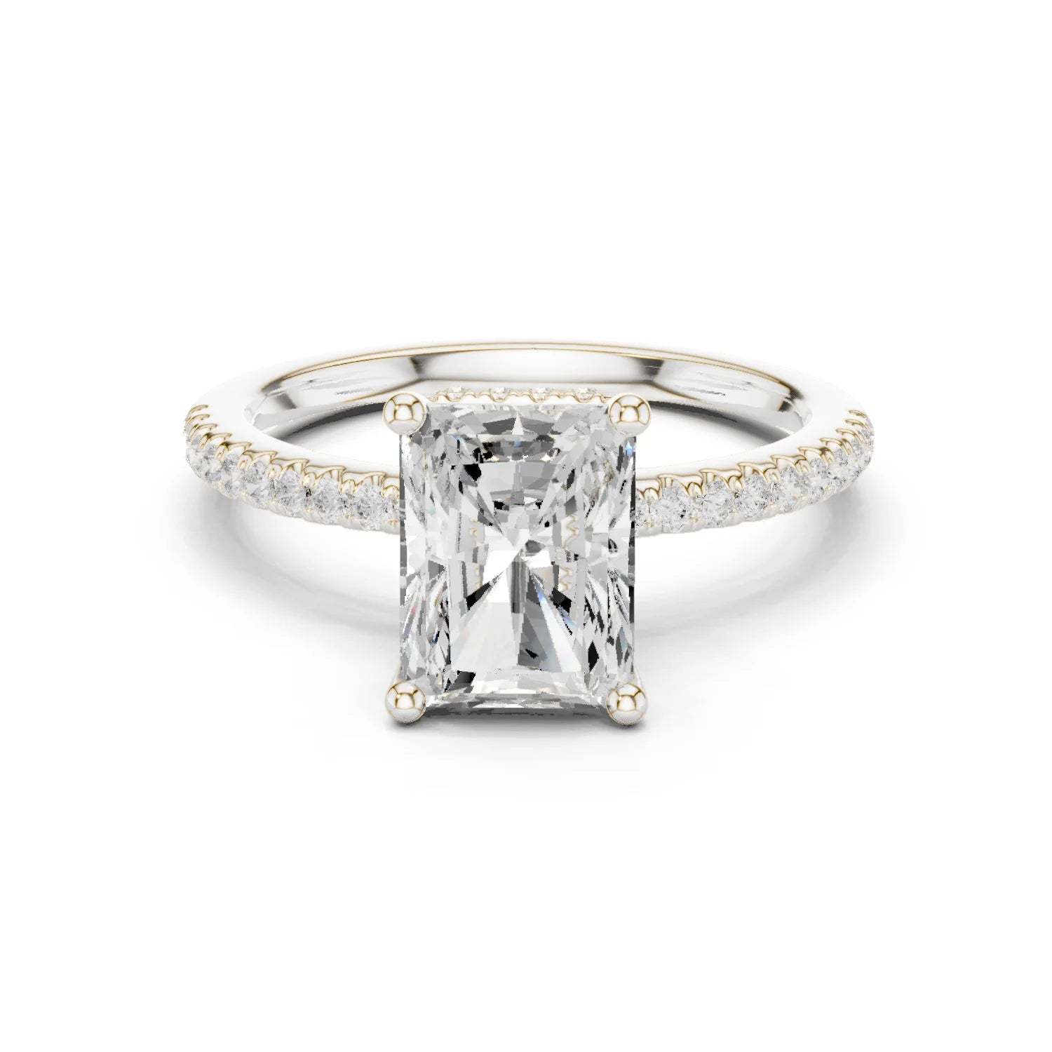 Hidden Halo Radiant Cut Diamond Engagement Ring With Pave Band