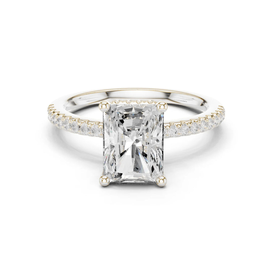 Hidden Halo Radiant Cut Diamond Engagement Ring With Pave Band