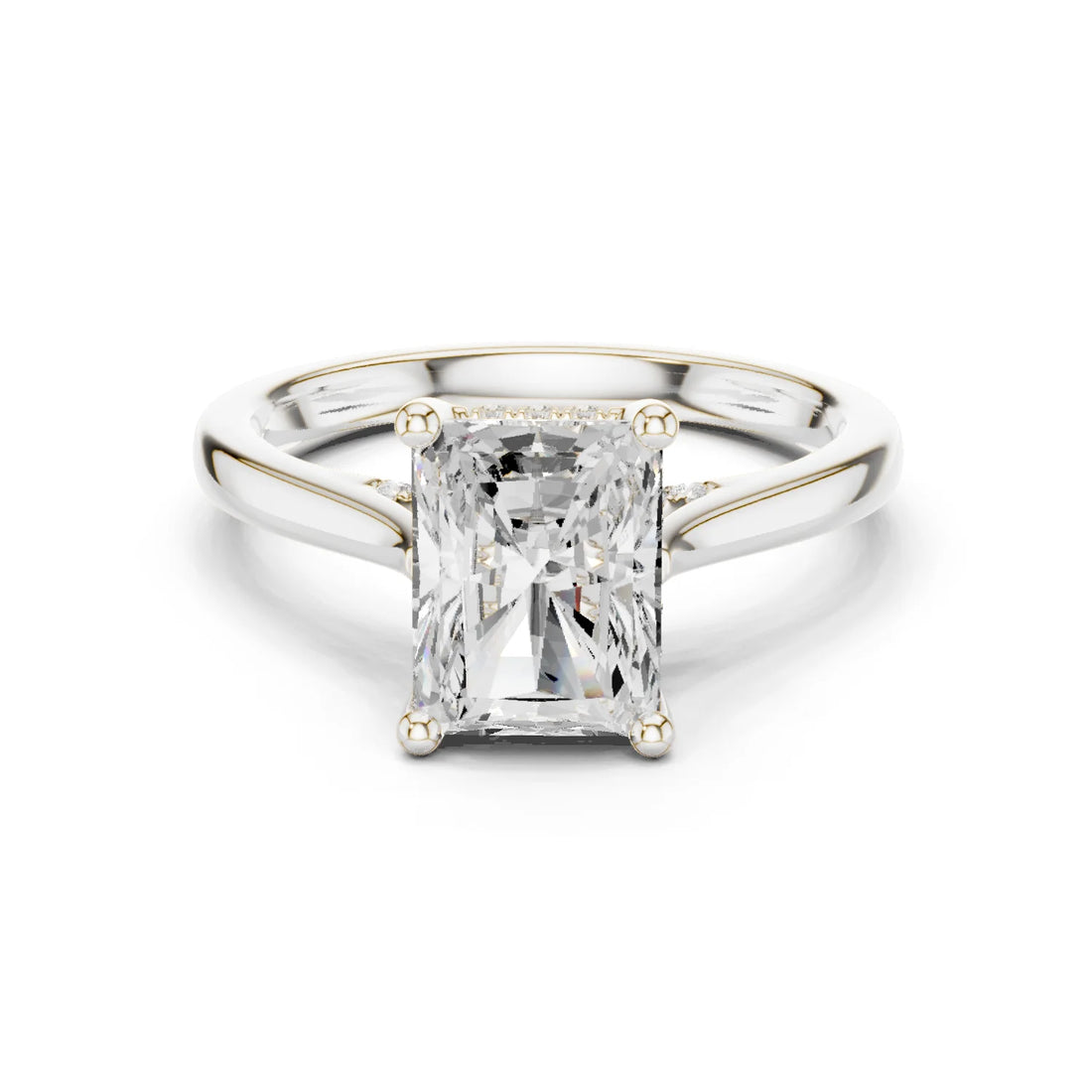Radiant Cut Diamond Hidden Halo Engagement Ring With Cathedral Pave