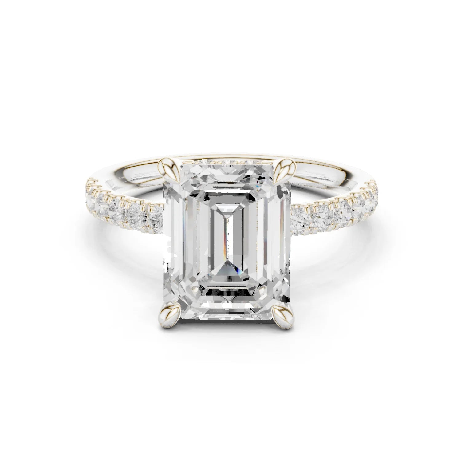 Emerald Diamond Hidden Halo Engagement Ring with Pave Band
