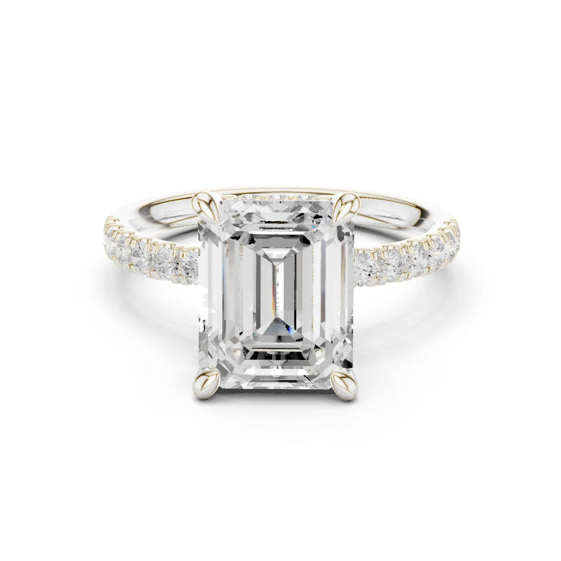 Emerald Diamond Hidden Halo Engagement Ring with Pave Band