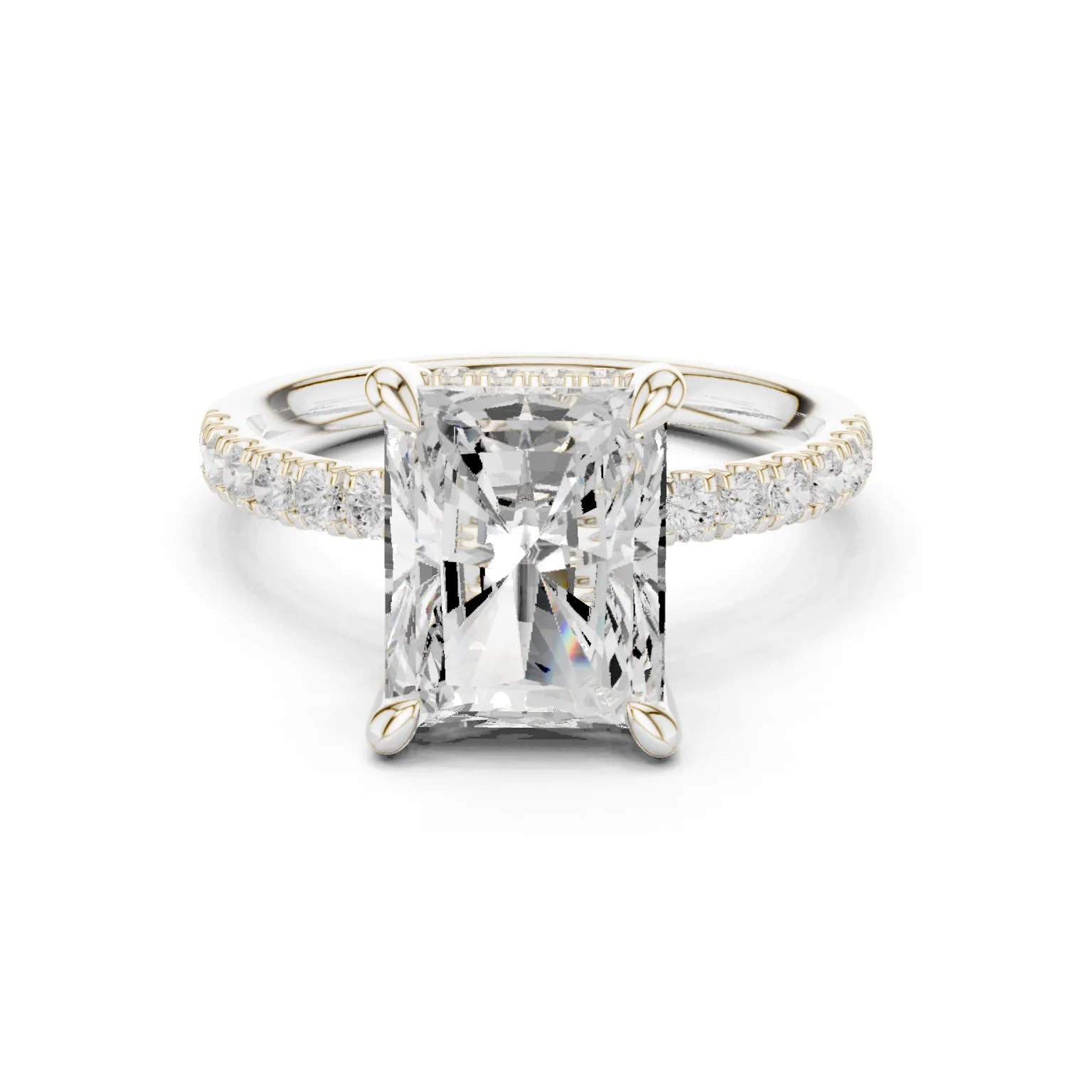 Radiant Diamond Hidden Halo Engagement Ring with Pave Band