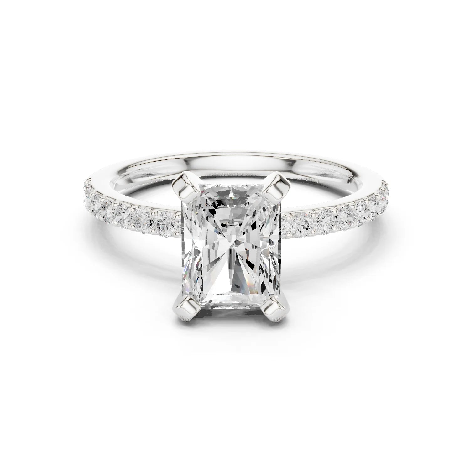 Radiant Cut Diamond Pave Band Solitaire Engagement Ring