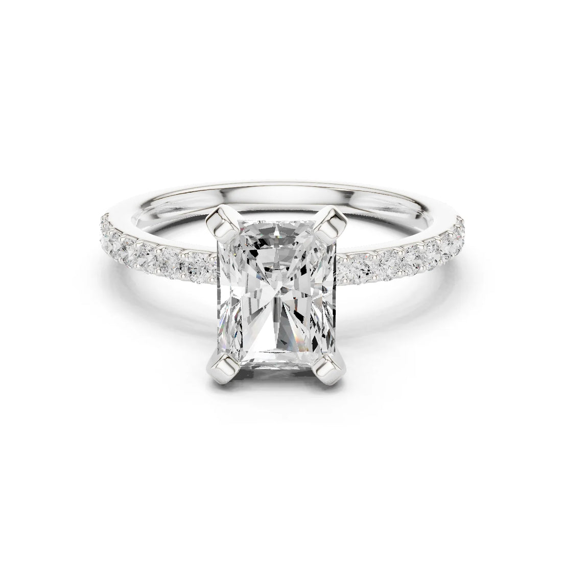 Radiant Cut Diamond Pave Band Solitaire Engagement Ring