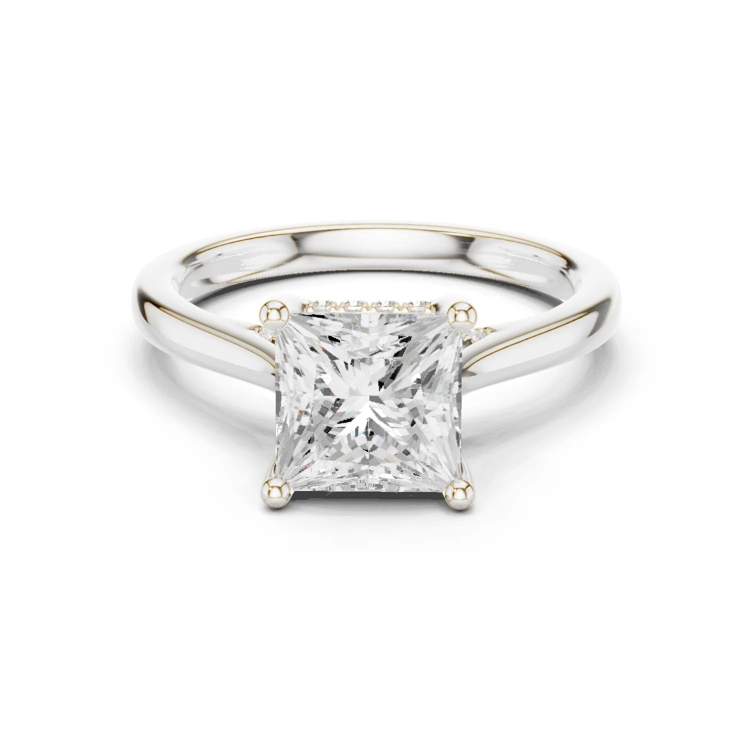 Princess Cut Diamond Hidden Halo Engagement Ring With Cathedral Pave