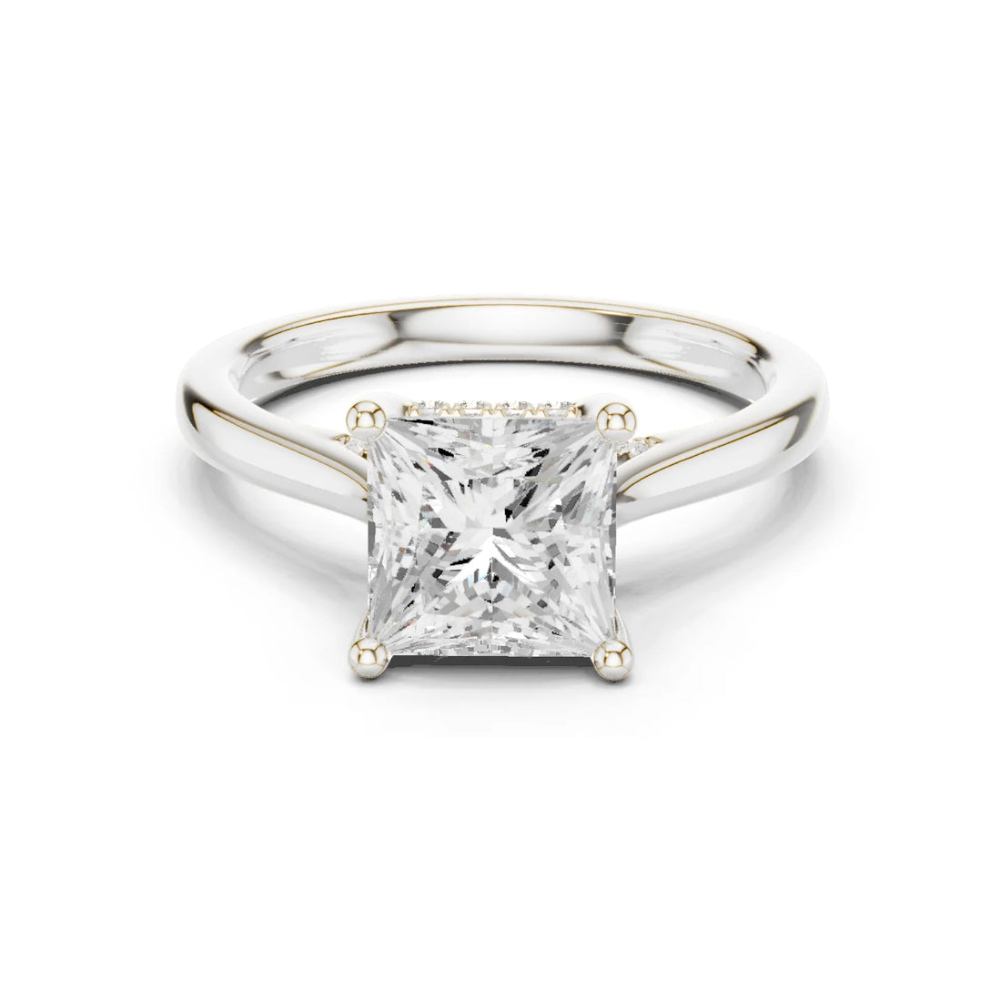 Princess Cut Diamond Hidden Halo Engagement Ring With Cathedral Pave