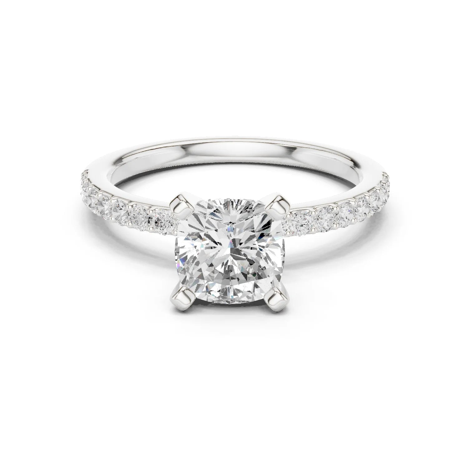 Cushion Cut Diamond Pave Band Solitaire Engagement Ring