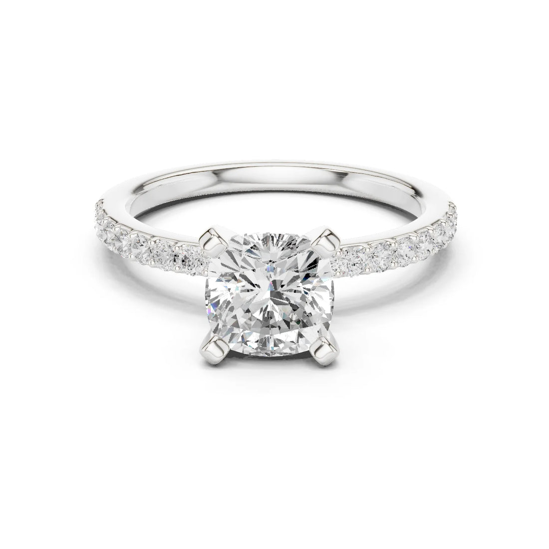 Cushion Cut Diamond Pave Band Solitaire Engagement Ring