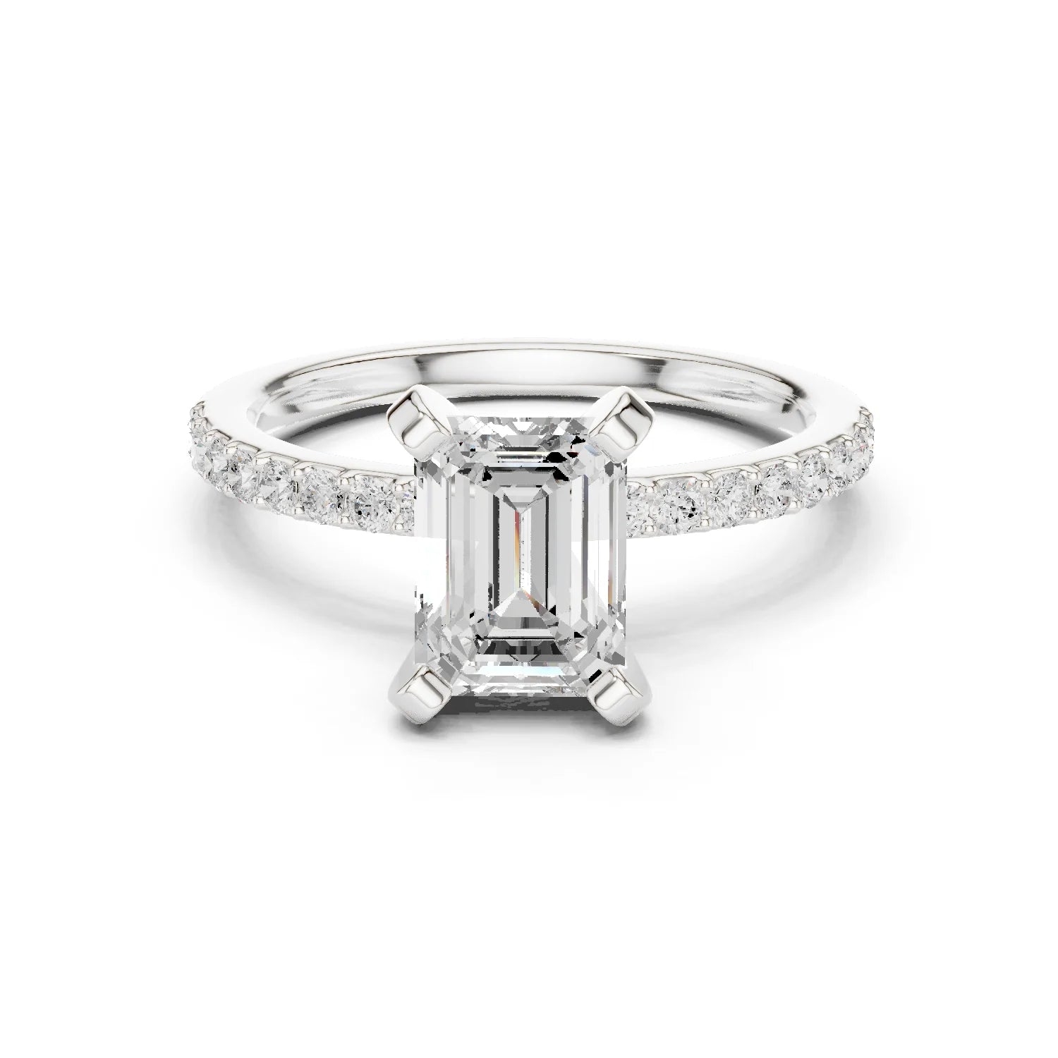 Emerald Cut Diamond Pave Band Solitaire Engagement Ring
