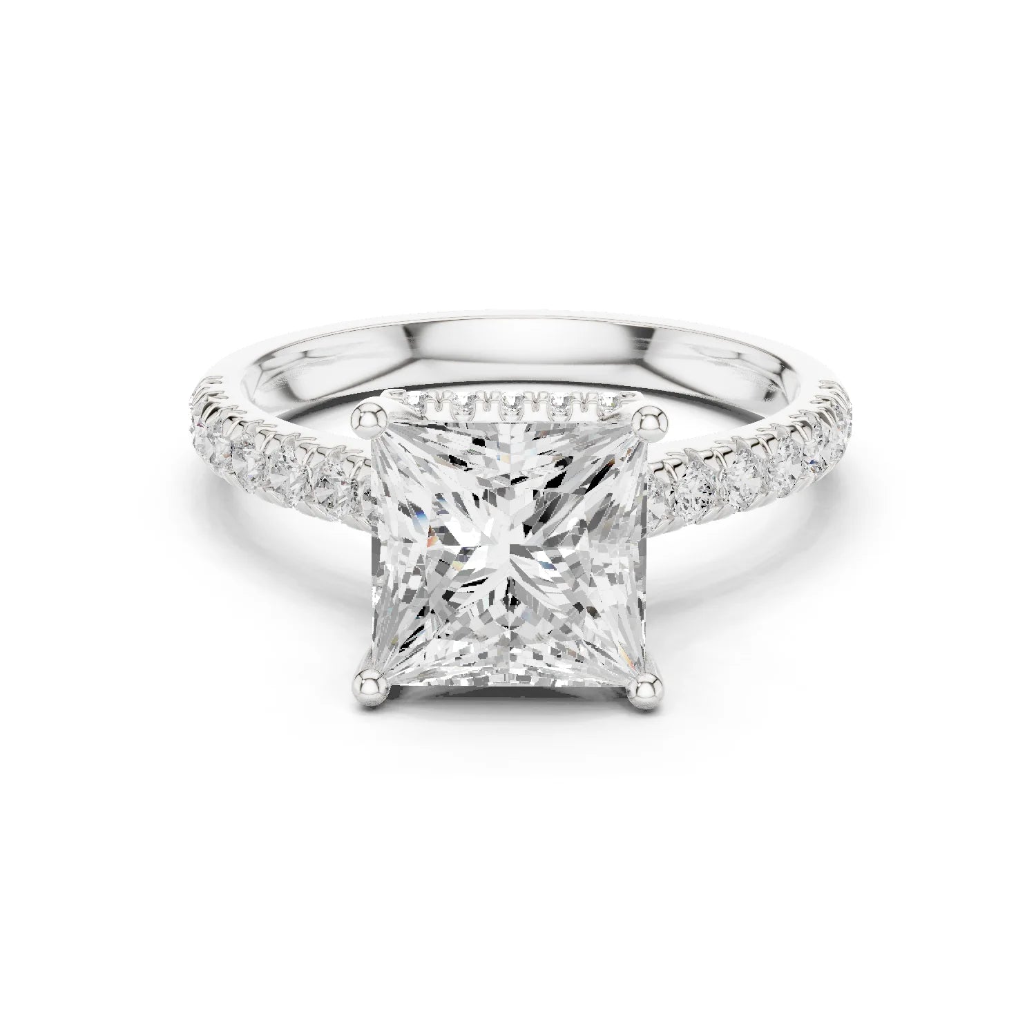 Princess Cut Diamond Hidden Halo Engagement Ring with Pave Band