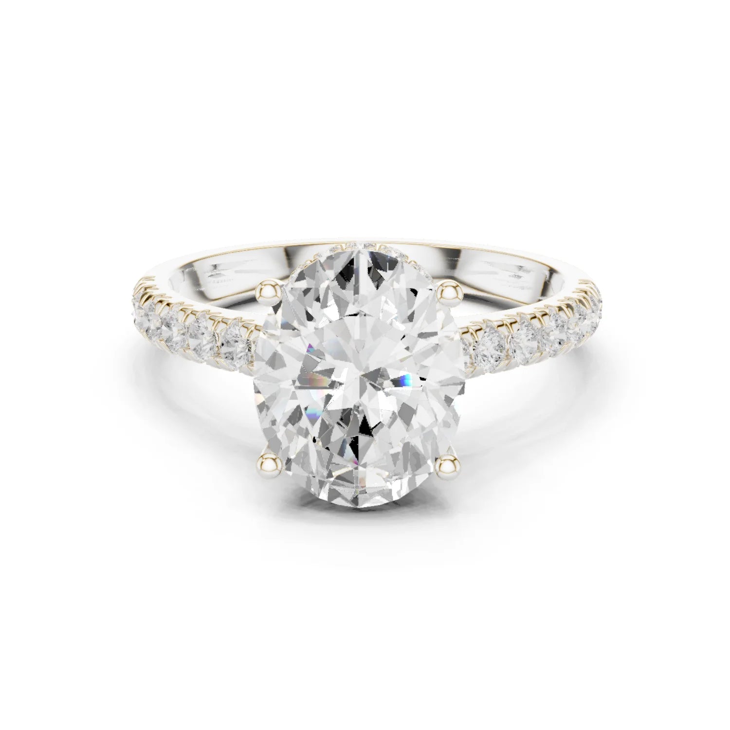 Oval Cut Diamond Hidden Halo Engagement Ring with Pave Band
