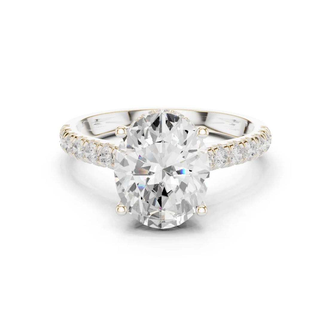 Oval Cut Diamond Hidden Halo Engagement Ring with Pave Band