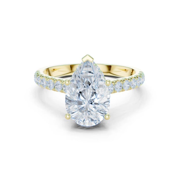 Pear Cut Diamond Hidden Halo Engagement Ring with Pave Band