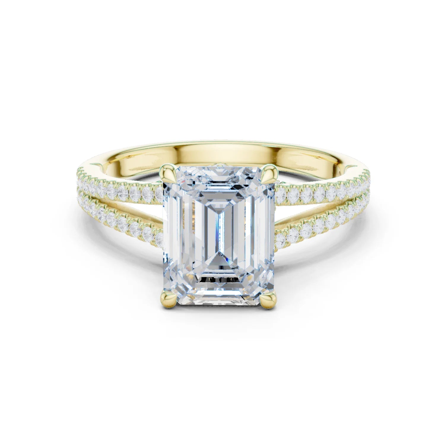 Emerald Cut Diamond Split Shank Engagement Ring with Pave Accents