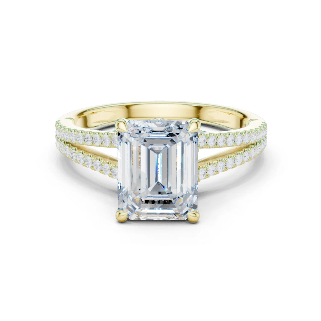 Emerald Cut Diamond Split Shank Engagement Ring with Pave Accents
