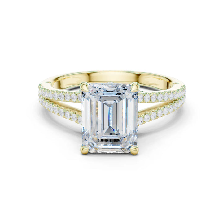 Emerald Cut Diamond Split Shank Engagement Ring with Pave Accents